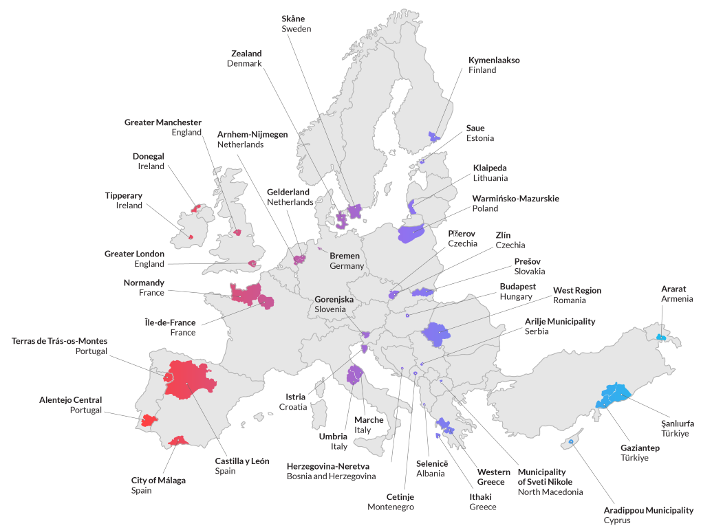 Map showing the 39 selected regions and communities across Europe